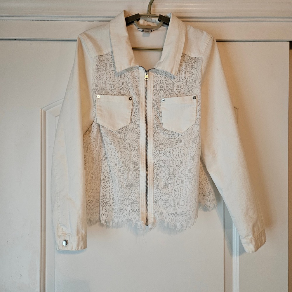 White‎ Lace Full Zip Jacket Women M Boho Western Beach Country Cowgirl Concert